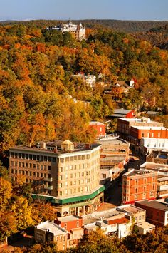 an aerial view of buildings and trees in the fall