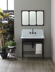 a white sink sitting under three mirrors next to a potted plant and mirror on the wall