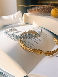 an open book with two silver and gold bracelets on it's cover next to a feather ornament