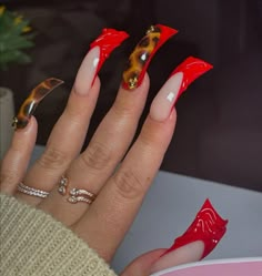 Red Duck Nails, Long Duck Nails, Duck Nail, Tortoise Shell Print, Poppin Nails, Curved Nails, Red French, Duck Nails, Hard Nails