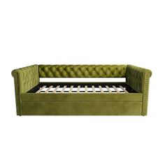 a green velvet couch with white sheets and buttons on the bottom, sitting in front of a white background