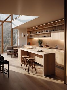 an open kitchen and dining area with wood flooring, large windows, and skylights