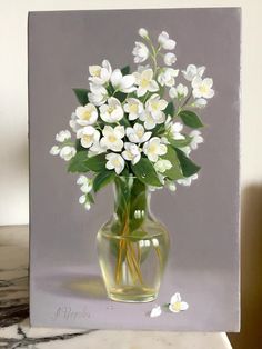 a painting of white flowers in a glass vase on a marble countertop with a gray background