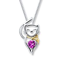 Satisfy your feline fancy with this stylized cat necklace. A heart-shaped lab-created pink sapphire is centered in sterling silver with 10K yellow gold detail. The pendant dangles from an 18-inch box chain that fastens with a lobster clasp. Jewelry Advice, Kay Jewelers, Cat Jewelry, Cat Necklace, Sea Glass Jewelry, Kids Jewelry, Gold Details, 10k Gold, Necklace Designs