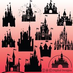 the silhouettes of disney castle are shown in black and pink