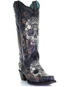 Corral Women's Floral Skull Embroidery & Studs Cowgirl Boots - Snip Toe, Black Goth Cowgirl Boots, Alt Country, Black Cowgirl Boots, Cowgirl Boots Outfit, Skull Embroidery, Skull Shoes, Womens Cowgirl Boots, Boot Barn, Skull Scarf