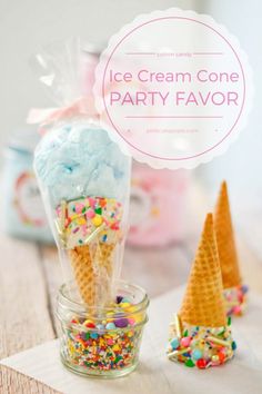 ice cream cone party favors with sprinkles and candies in glass containers