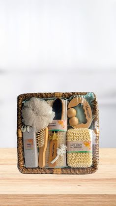 a wicker basket filled with personal care items