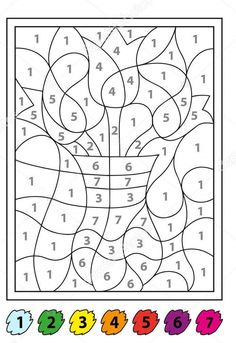 a coloring page with numbers and leaves for children to color, on a white background