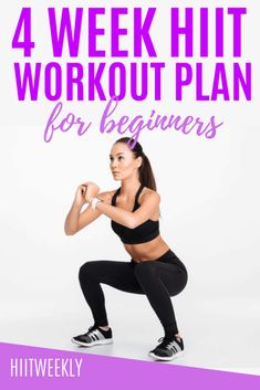 a woman squatting with the words 4 week hit workout plan for beginners