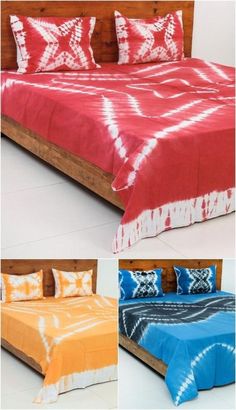 four different types of bedspreads and pillows in various colors, patterns and sizes