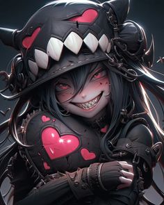 an anime character with horns and fangs on her head, holding a heart shaped object