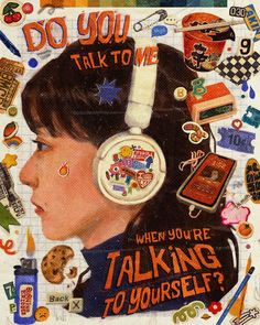 a woman with headphones is surrounded by stickers and magnets that say do you talk to me when you're talking to yourself?