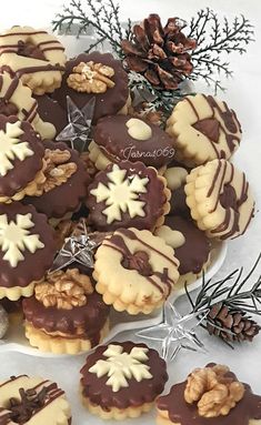 a plate full of cookies with chocolate frosting and pine cones