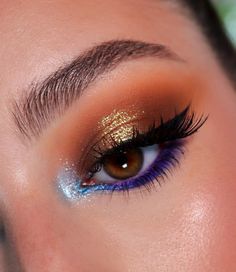 Makeup For Light Blue Outfit, Dark Blue Gold Makeup, Gold Blue Makeup Looks, Formal Makeup Blue Dress, Blue And Gold Makeup Ideas, Navy And Gold Eye Makeup, Copper And Blue Makeup, Blue And Gold Makeup Looks Simple, Blue Gold And White Makeup