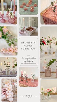 pink wedding collage with flowers, candles and vases on display in multiple photos