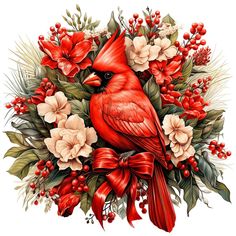 a red bird sitting on top of a bouquet of flowers and berries with ribbon around its neck