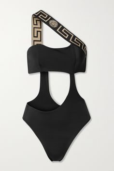 The strategically placed cutouts and asymmetric shoulder strap give Versace's swimsuit an equally chic and sporty feel. It's been made in Italy from smoothing stretch fabric and cut high on the sides to elongate your legs. Match your jewelry to the gold 'Greca' motif. Vintage Versace Aesthetic, Versace Outfit Women, Versace Inspired Outfit, Versace Swimsuit, Luxury Swimsuits, Cutout Swimsuit, Black Dude, Ibiza Outfits, Beach Riot