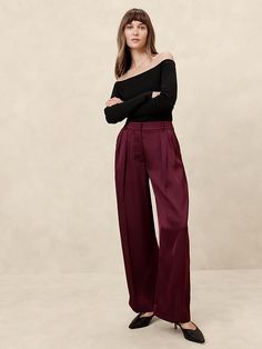 Silky Relaxed Trouser | Banana Republic Factory Banana Republic Satin Pants, Burgandy Work Pants, Women's Trouser Pants, Best Trouser Pants For Women, Burgandy Straight Pants, Pants For Soft Dramatic, Belts For Women Trousers, Cocktail Attire Pants, Satin Trousers Outfit