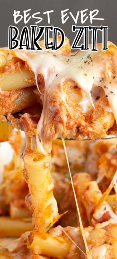 cheesy baked ziti in a white casserole dish with text overlay