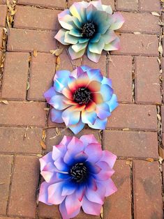 three colorful flowers sitting on top of a brick walkway