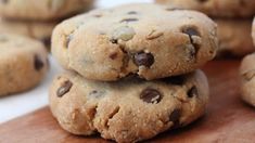 chocolate chip cookies stacked on top of each other