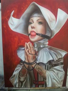 a painting of a woman with a pipe in her mouth and wearing a white outfit