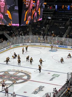 an ice hockey game is being played in a stadium with people watching from the stands