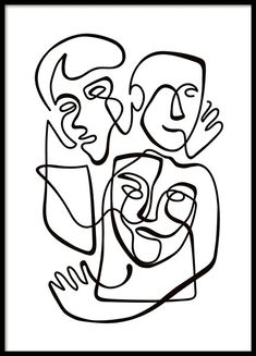 a black and white drawing of three people with one man's face in the center