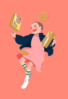 a woman in pink dress holding a box of cookies and waffles on her back