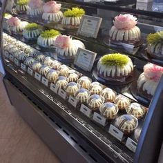 a display case filled with lots of cakes