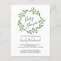 the baby shower card features greenery and leaves