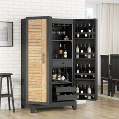 an open cabinet with wine bottles in it