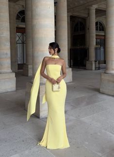 Futuristic Glam Outfit, Yellow Fitted Maxi Dress For Banquet, Fitted Yellow Maxi Dress For Banquet, Fitted Yellow Gown For Banquet, Fitted Yellow Dress With Sweep Train, Yellow Fitted Gown For Evening, Fitted Yellow Gown For Evening, Yellow Fitted Gown For Evening Dress, Yellow Fitted Long Gown