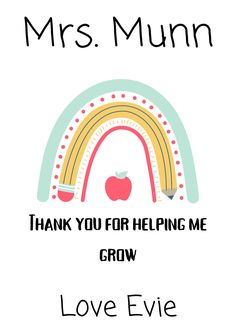 a card with the words, thank you for helping me grow and an apple on it