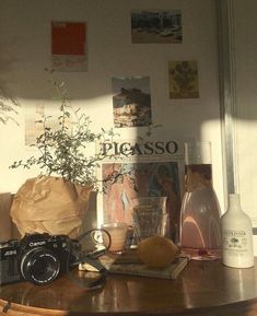 a wooden table topped with a camera next to a potted plant