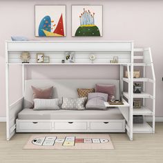 a white bunk bed sitting next to a pink wall