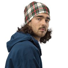 Stewart Dress Tartan winter hat. White, black, red, and green plaid warm beanie for men, women, and teens. This watchmen's cap will keep you warm on cool winter days and is a stylish addition to your outfit. - Comfortable polyester and spandex blend fabric - Regular fit, order a larger size for a slouchy fit - 3 sizes available:   Small: 20.5 inch circumference   Medium: 22 inch circumference   Large: 23.5 inch circumference  All products from Scottish Cottage Shop are made just for you as soon Casual Christmas Hat One Size Fits Most, Casual Christmas Hat, Casual Plaid Hat For Fall, Casual Beanie Christmas Hats, Casual Christmas Hat, One Size Fits Most, Casual Christmas Cap, Casual Christmas Beanie Hat, Plaid Wool Hats For Winter, Winter Outdoor Hat, One Size