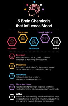 the 5 brain chemicals that influence mood infographical poster on black background with colorful hexagonal shapes