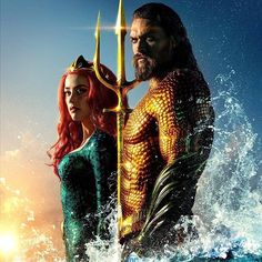 the poster for aquaman is shown with two mermaids standing on top of each other