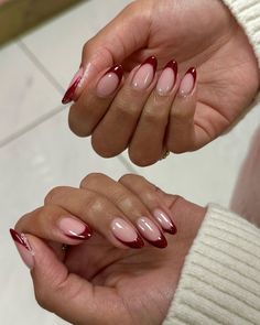 French Manicure Burgundy, Ref French Nails, Dark Cherry Red Nails French Tip Almond, Gel X Red Nails, Berry French Tip Nails, Cherry Red Nails French Tip, Vine Red Nails, That Girl Nails, Red Inspo Nails