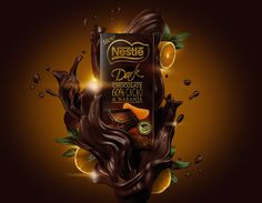 an advertisement for nestle's dark chocolate with orange slices and splashing liquid