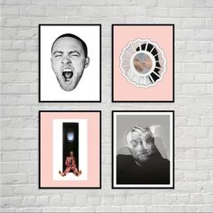 four different pictures hanging on a wall with one man's face in the middle