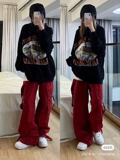 Red Cargo Outfit, Low Contrast Outfits Style, Tomboy Christmas Outfit, Red Masculine Outfits, Tomboy Girly Outfits, Oversized Red Shirt For Streetwear, Red Grunge Tops For Streetwear, Black Outfit Korean