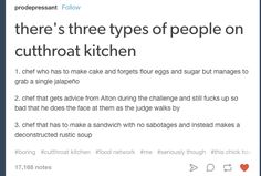 an article about the three types of people on cut throat kitchen