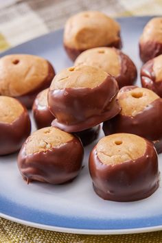 chocolate covered donuts are on a blue and white plate