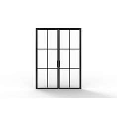 an open black and white door on a white background with no people in the room