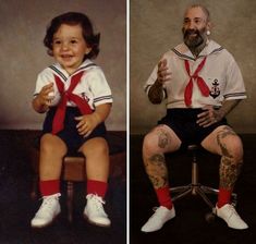 two pictures of a child and an older man with tattoos on their legs, both wearing sailor's uniforms