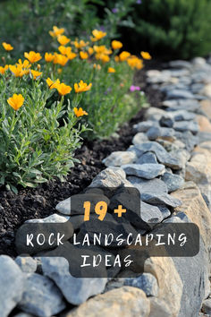 some rocks and flowers with the words 19 + rock landscaping ideas on it's side