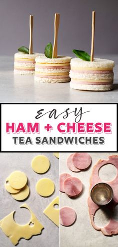 ham and cheese tea sandwiches with toothpicks on them are ready to be eaten